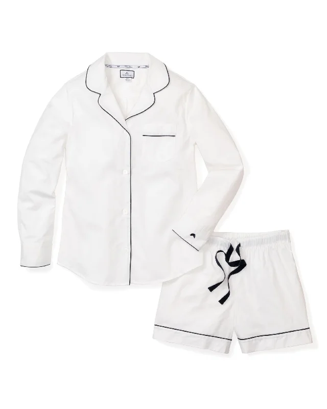 Instant Deal Women's Long Sleeve Short Set in White Twill with Navy Piping