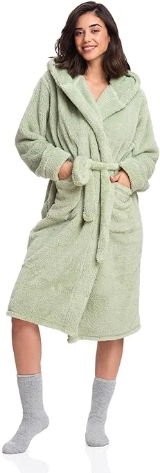 Instant Savings Sherpa Hooded Robe for Women - Fluffy, Plush, and Cozy in Elegant Green