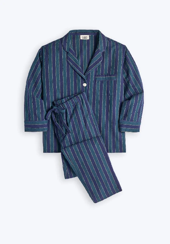Super Savings Marina Pajama Set in Green, Navy, and Gold Flannel Stripe