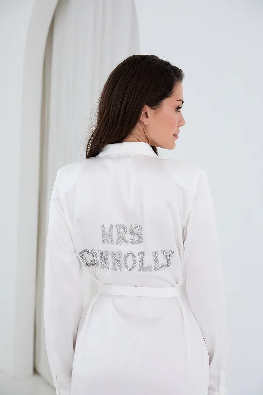 Weekend Savings Delight Personalised Bridal Luxury Satin Long Robe With Letter Embellishment - White