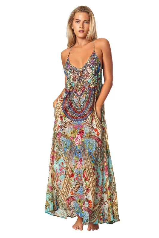 Weekend Offers That Shine Queens Garden Bohemian T-back Maxi Dress with Front Pockets