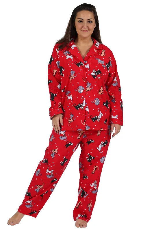 Weekend Specials to Celebrate Red Flannel Cat Print Plus Size Pajama Set