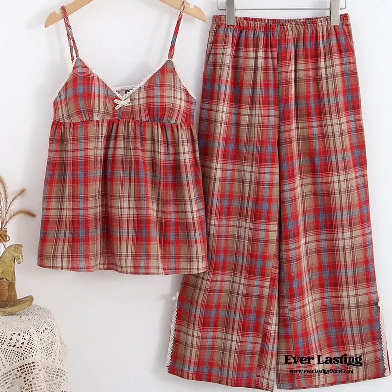 Special Price Sweet Lace Red Plaid Ribbon Pajama Set / V Neck