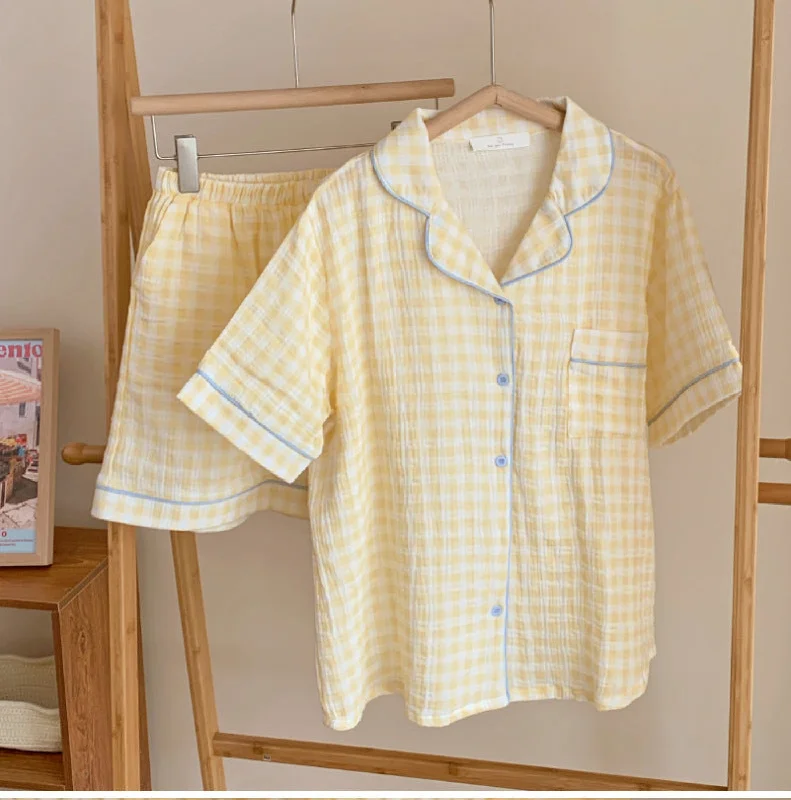 Your Weekend, Your Savings Vintage Inspired Gingham Shorts Pajama Set / Yellow