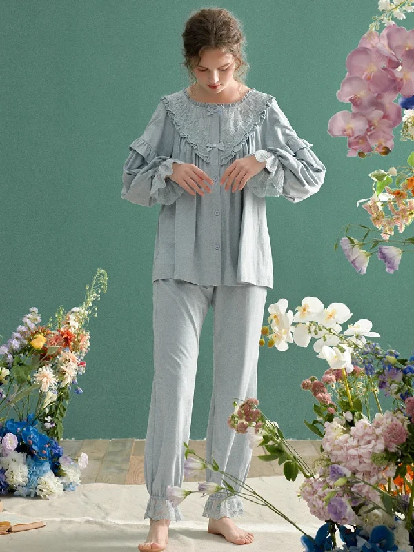 Weekend Savings Spectacular Vintage Soft Cotton Pajamas Sets, Long Sleeve Embroidery Sleepwear