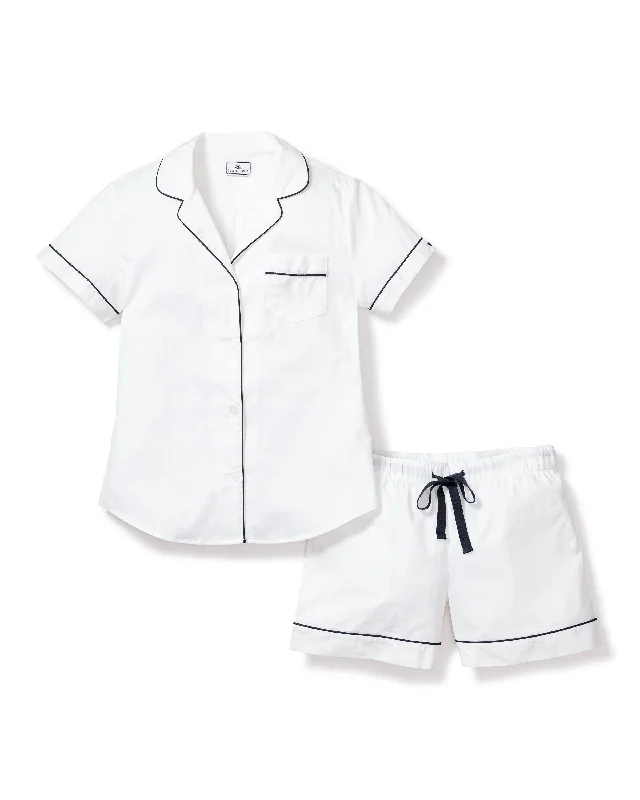 Steals and Deals Women's Twill Pajama Short Set in White with Navy Piping