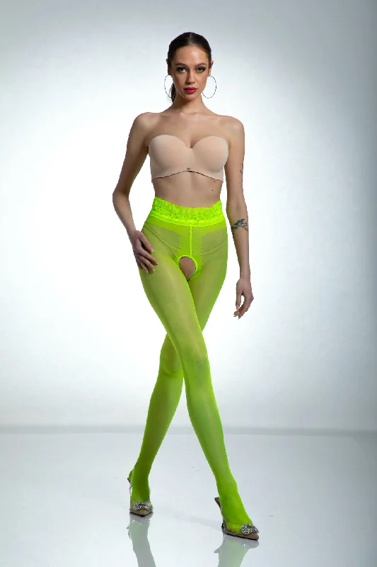 Special Discount Amour Hip Lace Crotchless Tights - Fluo Yellow