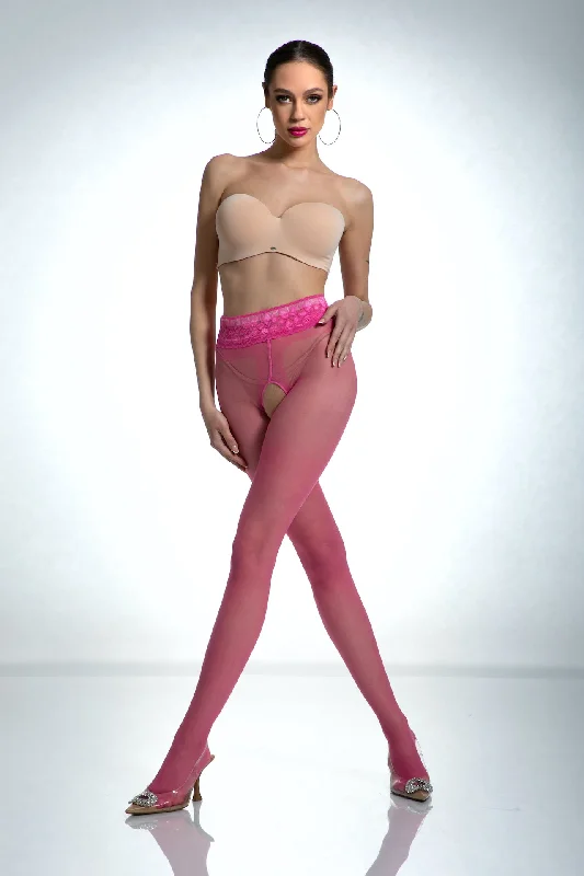 Low Price Amour Hip Lace Crotchless Tights - Pink Bonbon
