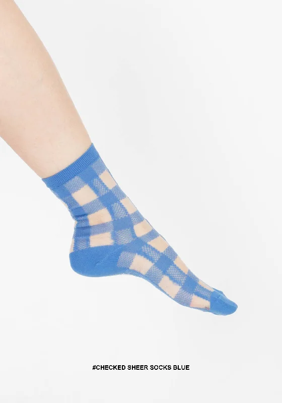 Now Available Checked Sheer Socks Blue