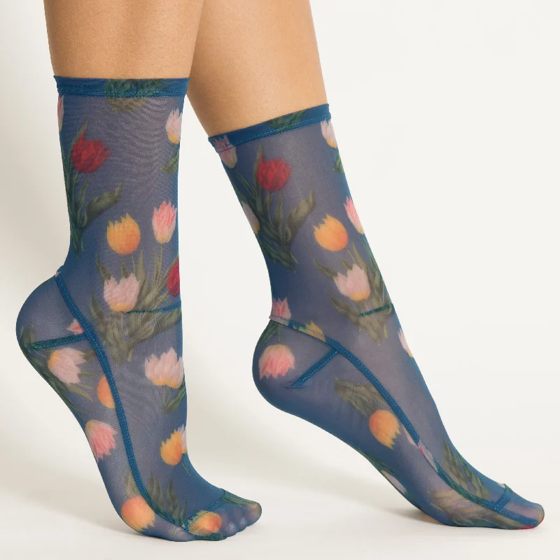Weekend Discounts to Relish Darner Blue Tulips Floral Mesh Socks