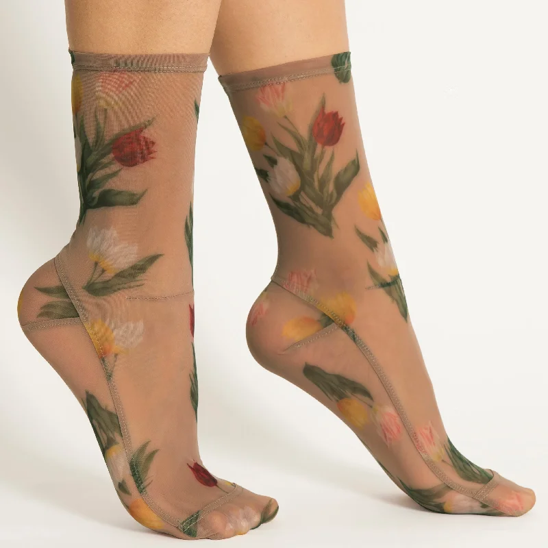 While Supplies Last Darner Caramel Tulips Floral Mesh Socks