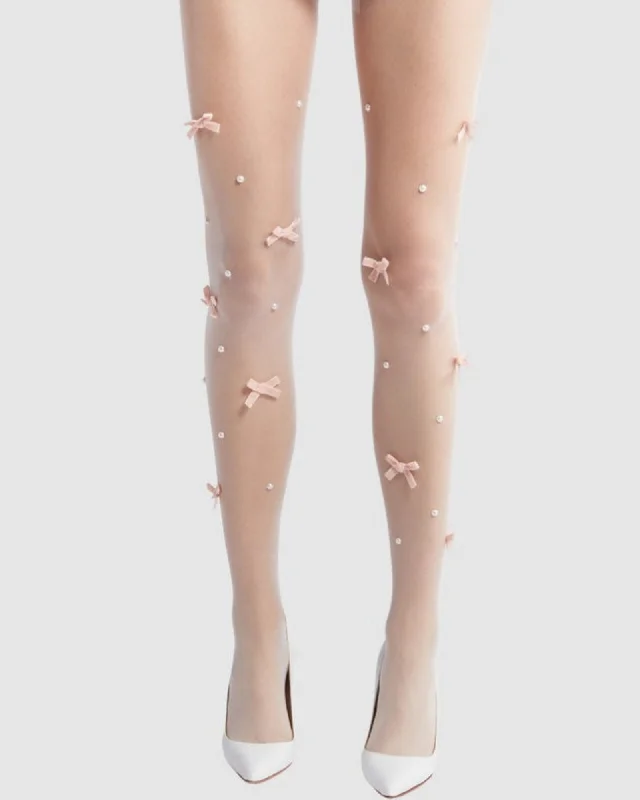 Fantastic Savings Velvet Bow Pearl Tight - Pink/White