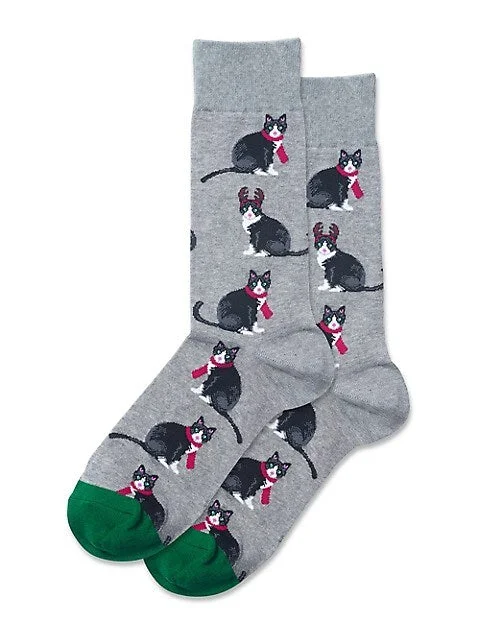 Weekend Discounts Worth Grabbing Grey "Reindeer Cat" Cotton Crew Socks by Hot Sox - Large
