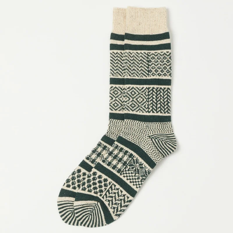 Weekend Discounts to Savor RoToTo Multi Jacquard Sock - Ivory/Dark Green