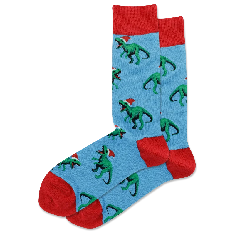 Weekend Savings Galore "T-Rex with Santa Hat" Cotton Crew Socks by Hot Sox - Large