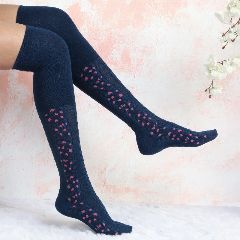 Weekend Savings Spree Women's Floral Knee High Socks - Navy