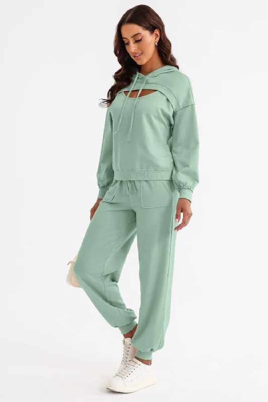 Cutout Drawstring Hoodie and Joggers Active Set