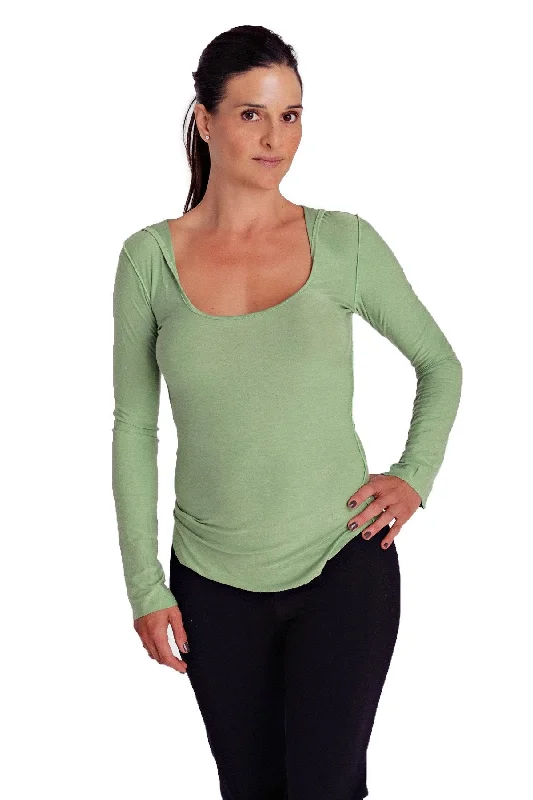 Deep Scoop Neck Long Sleeve Hoodie Top (Bamboo Green) by 4-rth