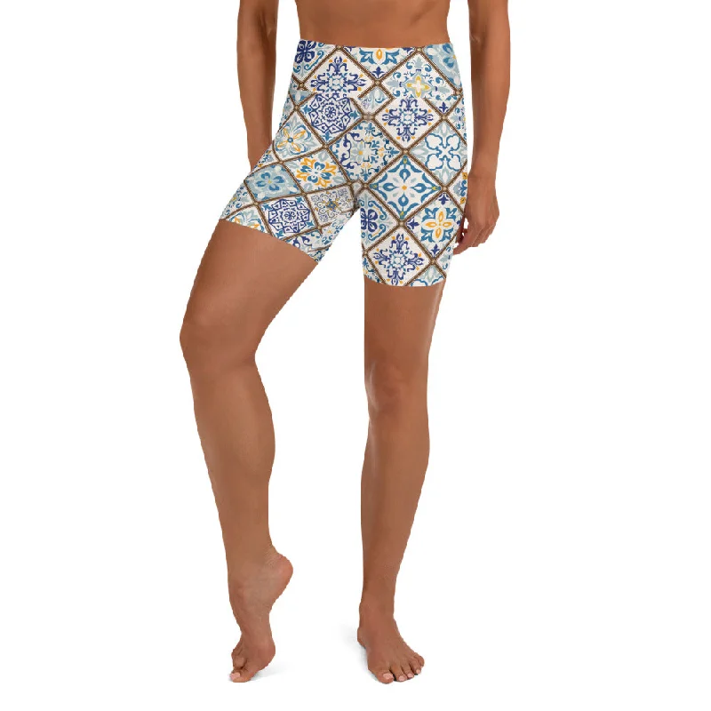 Floral Tile Print Yoga Shorts