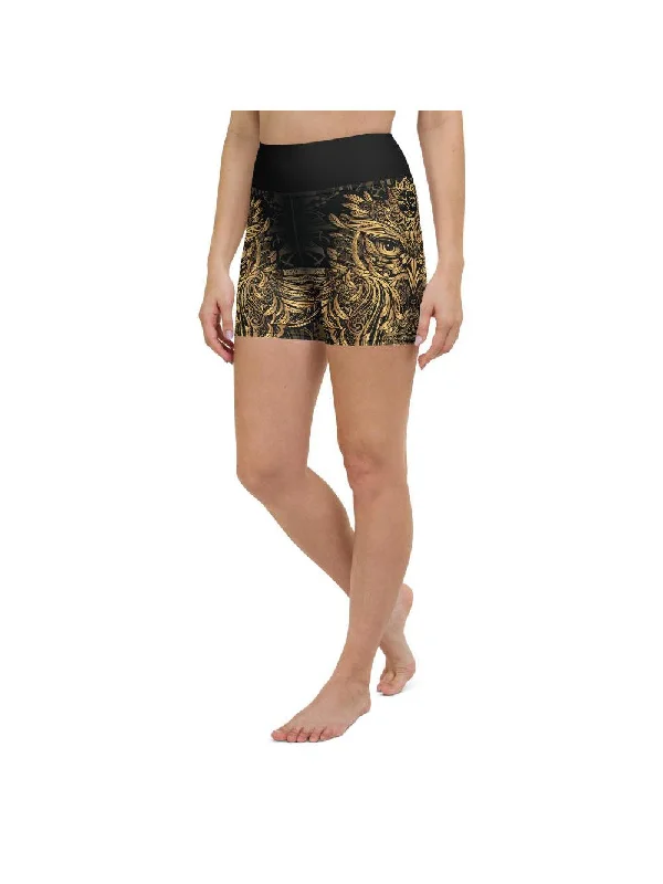 Golden Ornamental Owl Yoga Shorts