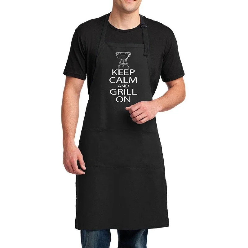 Mens Keep Calm Grill On Full Length Apron with Pockets - Black