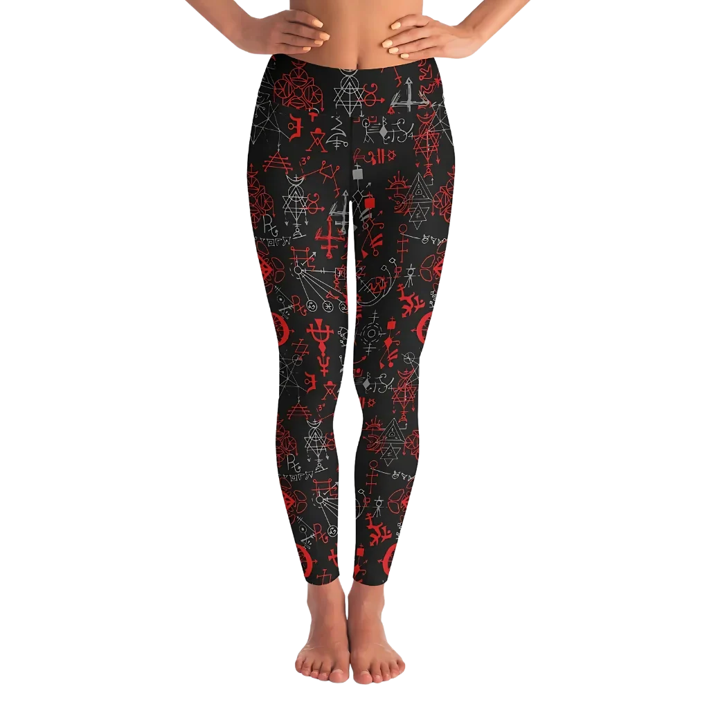 RED MYSTIC SYMBOLS YOGA LEGGINGS WITH POCKET – SACRED GEOMETRY