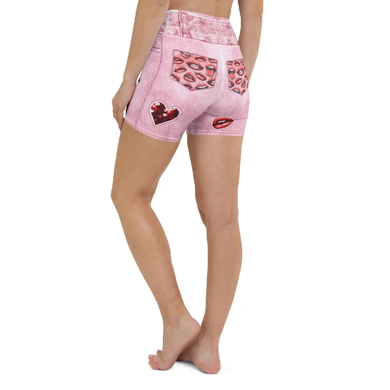 Valentine Lips Denim Print Yoga Shorts