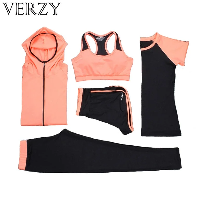 Verzy Hot Yoga Set Women Fitness Running Exercise Sport Bra+Pants+Shirt+Coat+Shorts+Vest 3 colors Breathable Push up Sports suit