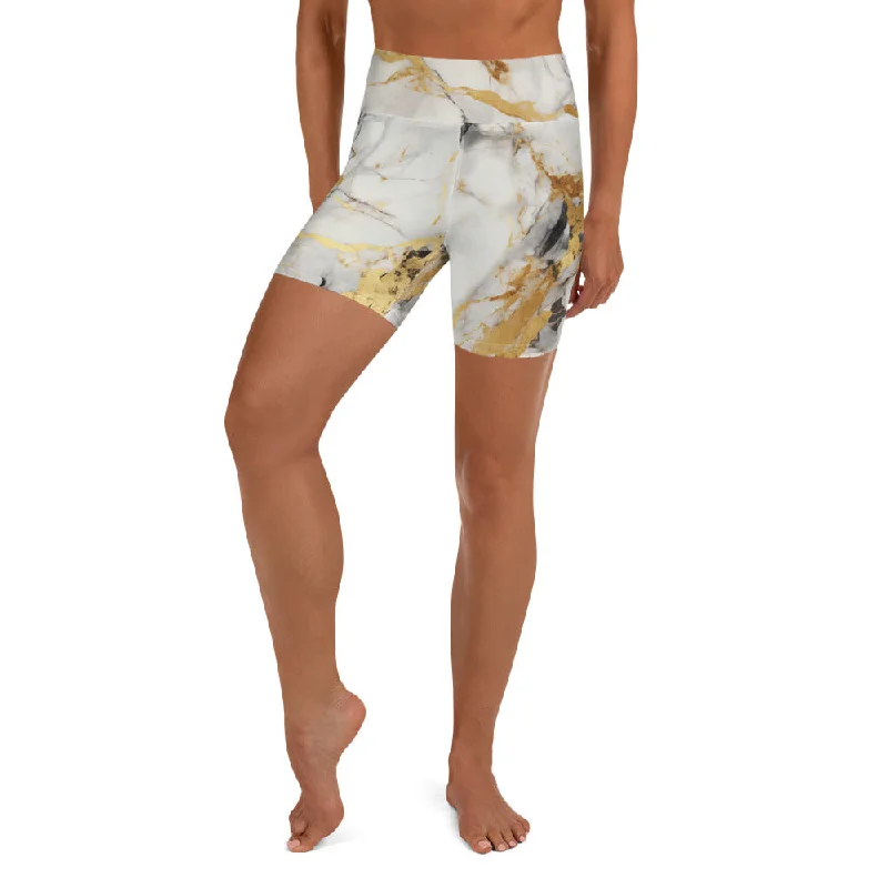 White & Gold Marble Yoga Shorts