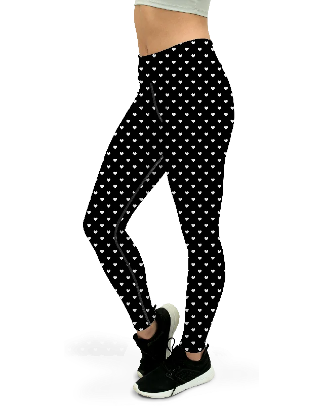 White Mini Hearts Black Yoga Pants