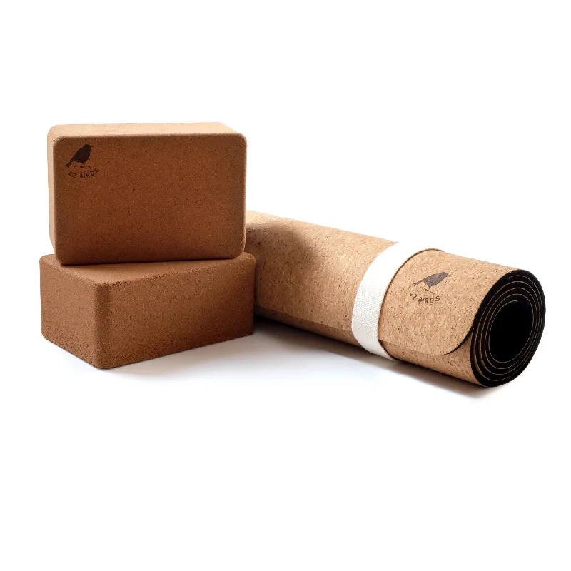 Cork Industrial Yoga Mat and Two-Block Bundle