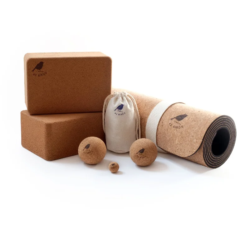 Cork Lightweight Yoga Mat, Massage Balls and Yoga Block Bundle - "The Flock"